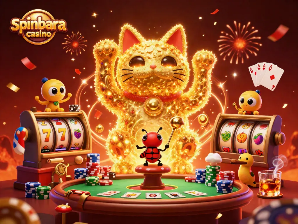 Experience the magic of spinbara casino with a vibrant scene of a lucky cat, golden fireflies, and dynamic casino elements!